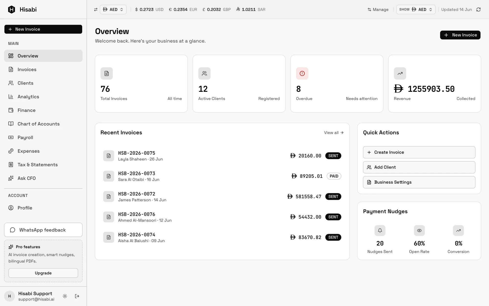 Hisabi overview dashboard with invoice totals, active clients, overdue count, revenue, and recent invoices