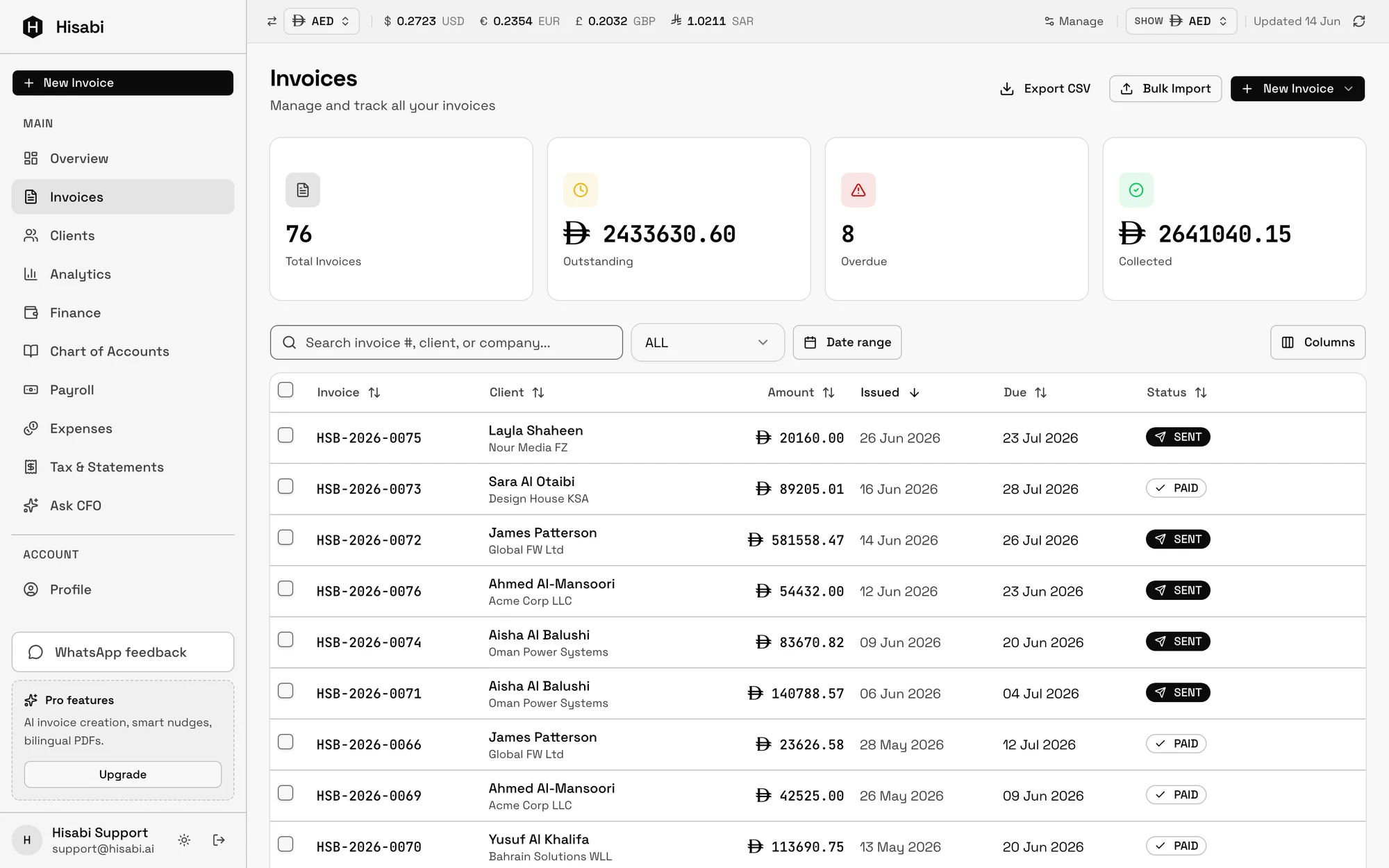 Hisabi invoices list with invoice numbers, clients, amounts, due dates, and paid/sent status