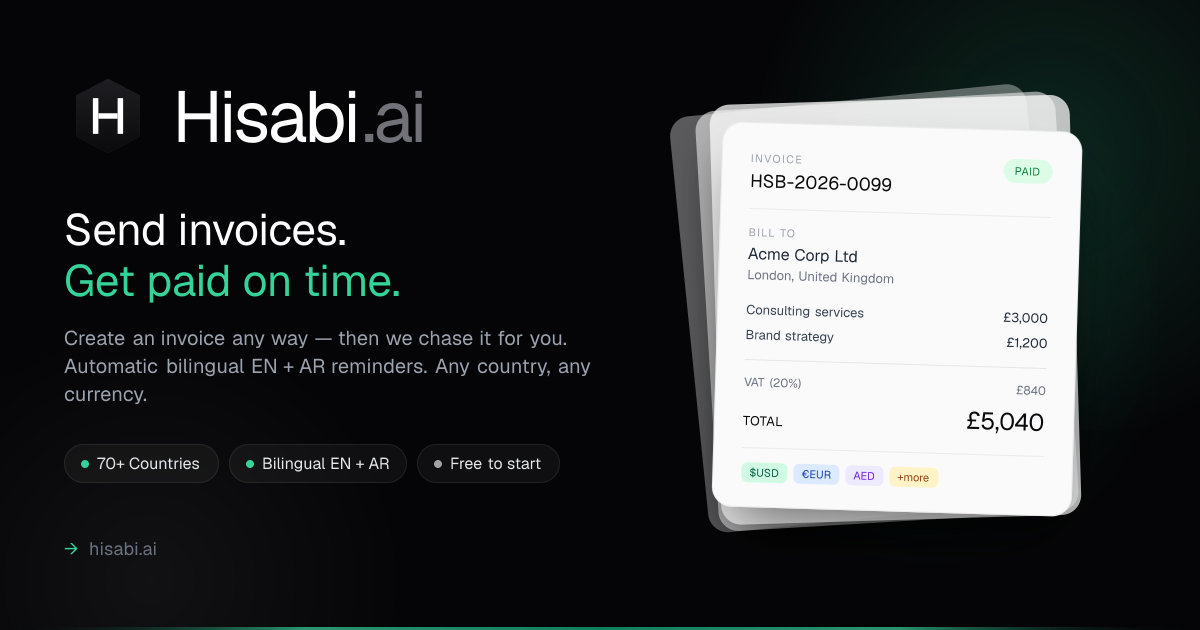 Hisabi.ai — Send Invoices & Get Paid on Time · Freelancers & SMEs Worldwide